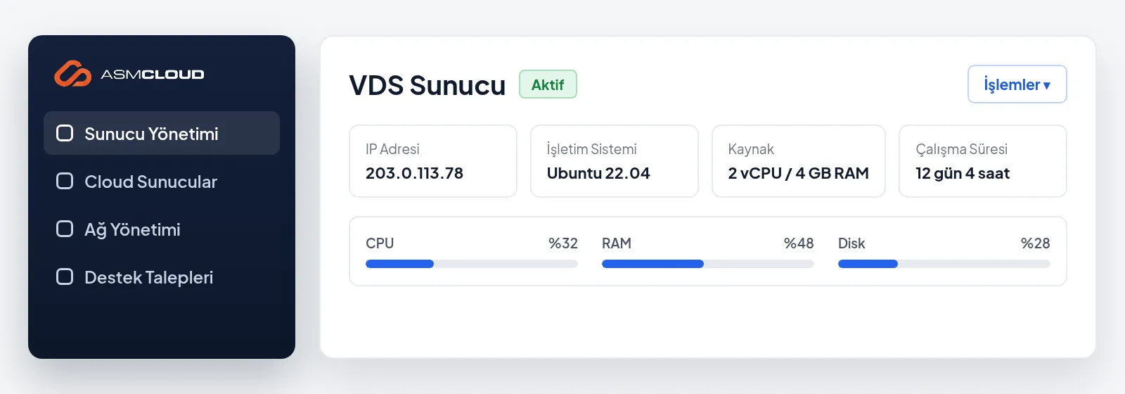 Sunucu yönetim panelinde VDS sunucu durumu, IP adresi, işletim sistemi ve kaynak kullanımı